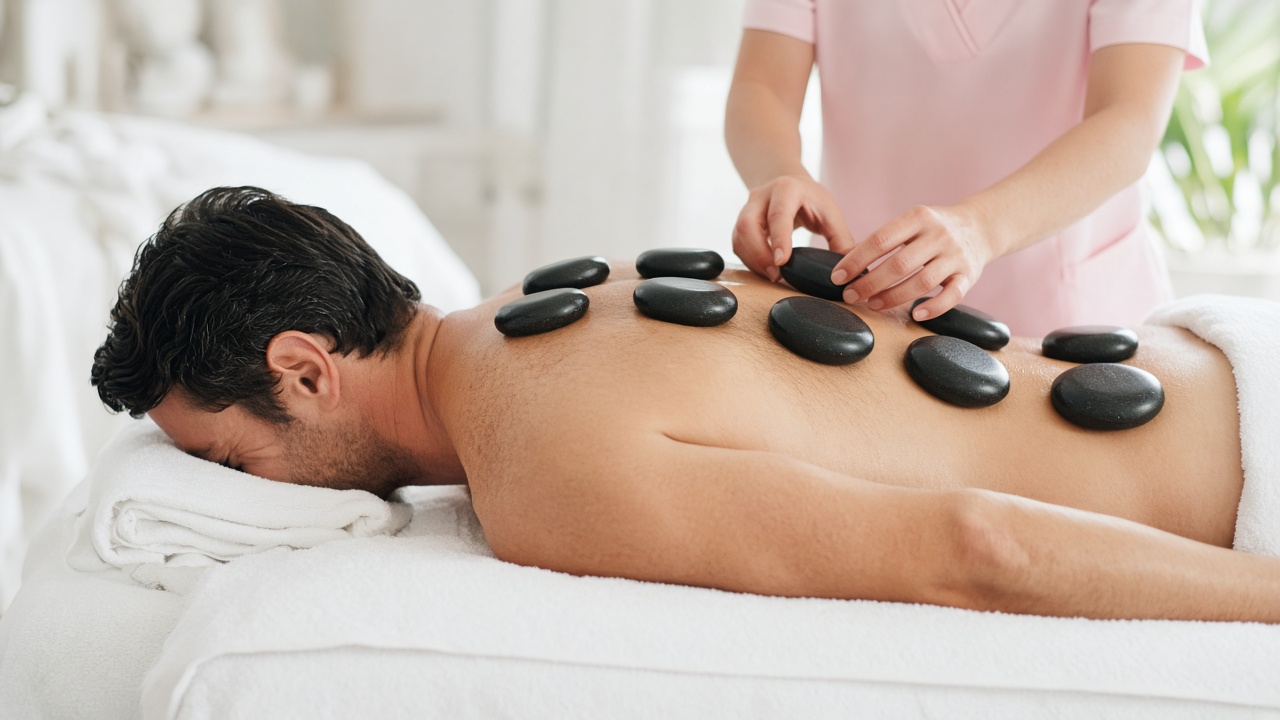 Male client hot stone massage